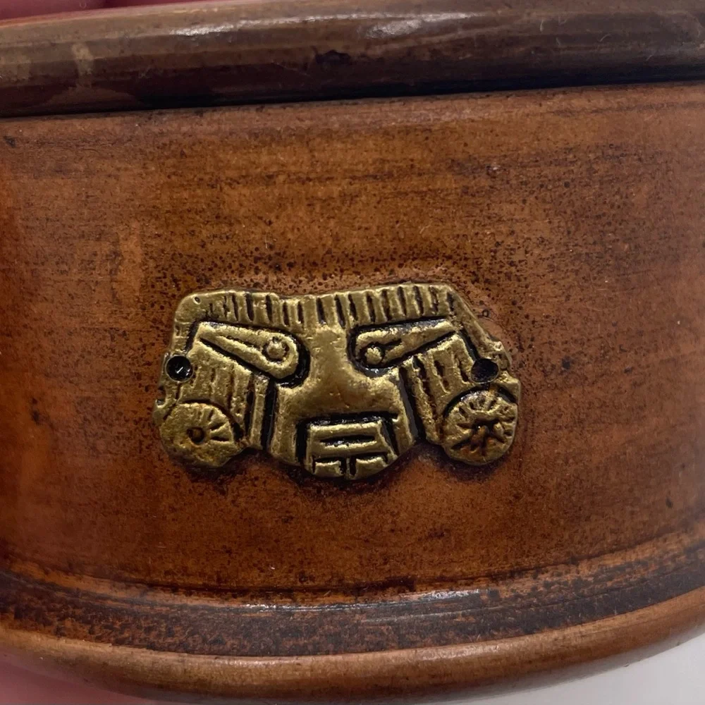 Round Clay Pottery  Trinket Box w/ Lid, Metal Tribal Inlays, Brown/Gold 3” x 2”